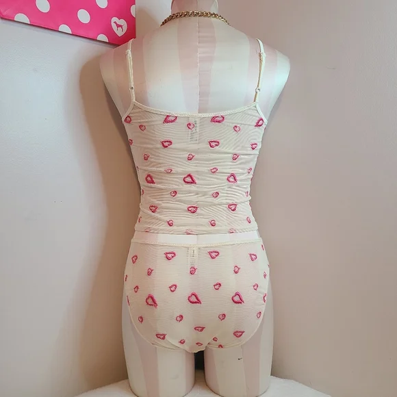 Rare VTG 90s Victoria's Secret Heart Embroidered Mesh Cami Panty Set Size XS